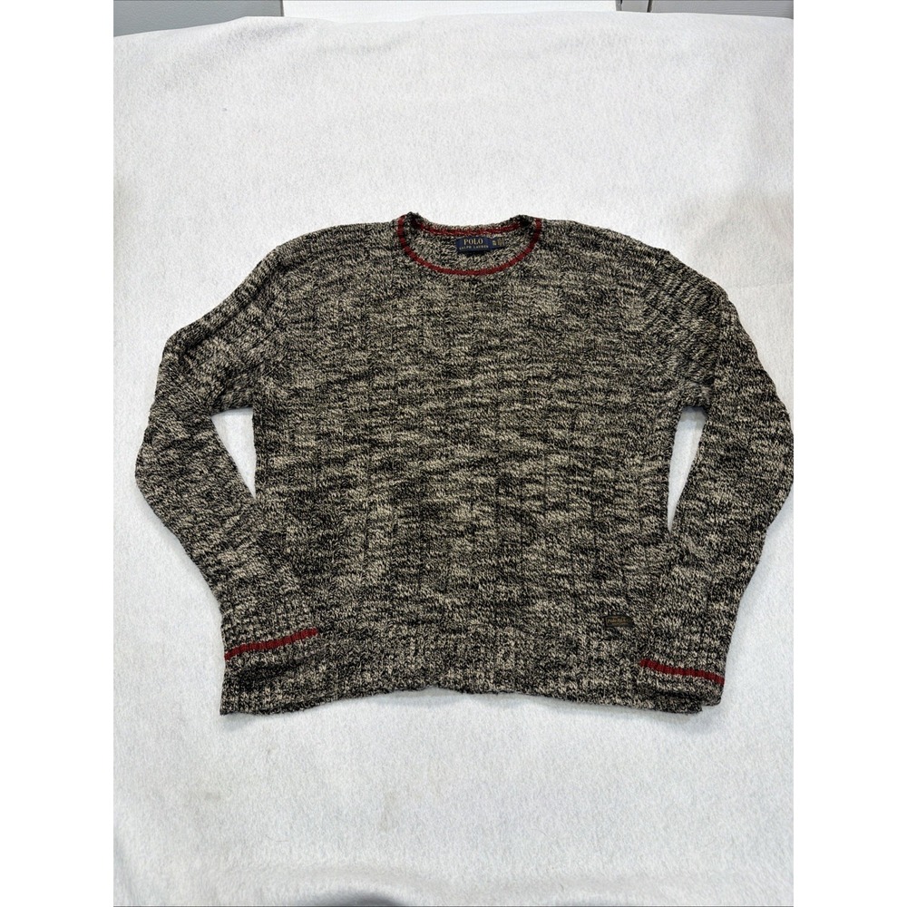 Polo Ralph Lauren Mens XL Marled Cotton Crewneck Sweater Black Tan Big Knit